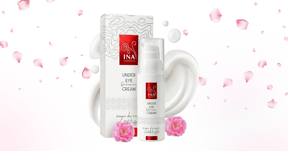 Rose Eye Lift Augencreme gegen Falten mit Verpackung und rosa Blütenblättern
