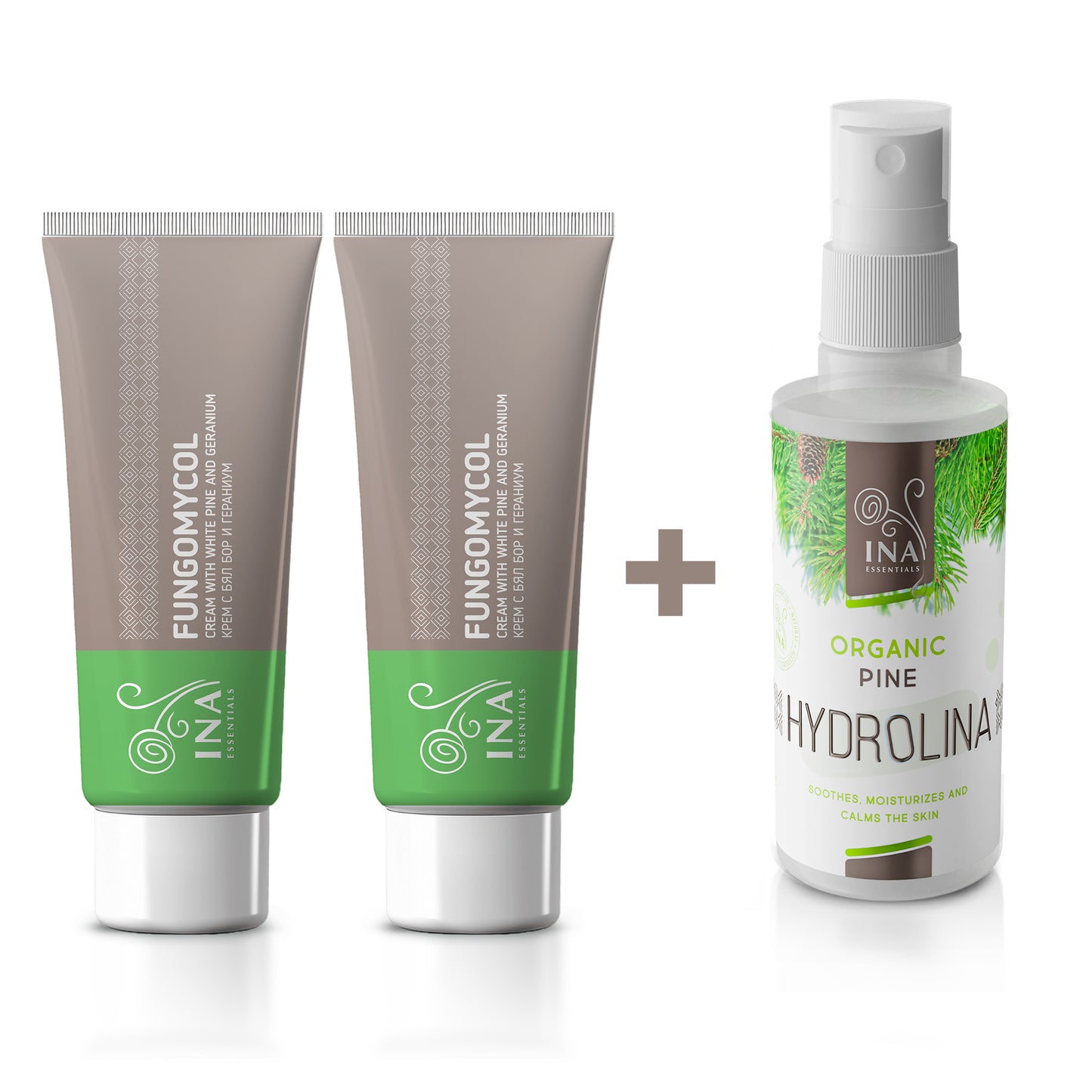 Kaufen Sie 2 Cremes gegen Nagelpilz oder trockene und rissige Haut und erhalten Sie 1 Bio-Weißkiefernwasser gratis.