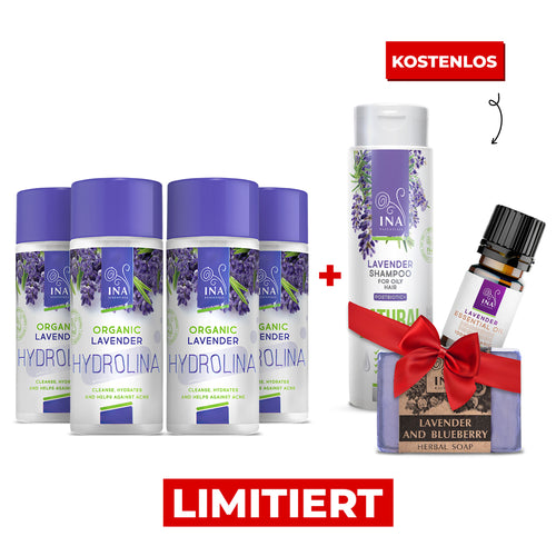 Kaufen Sie 4 Lavendel Hydrolina und erhalten Sie 1 Lavendel Shampoo, ätherisches Öl und Seife Gratis