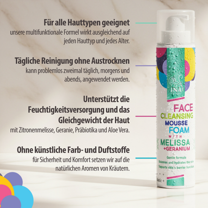 SPEZIELLER ZUGANG Natürlicher Reinigungsschaum für das Gesicht mit Zitronenmelisse und Geranie – für jeden Hauttyp