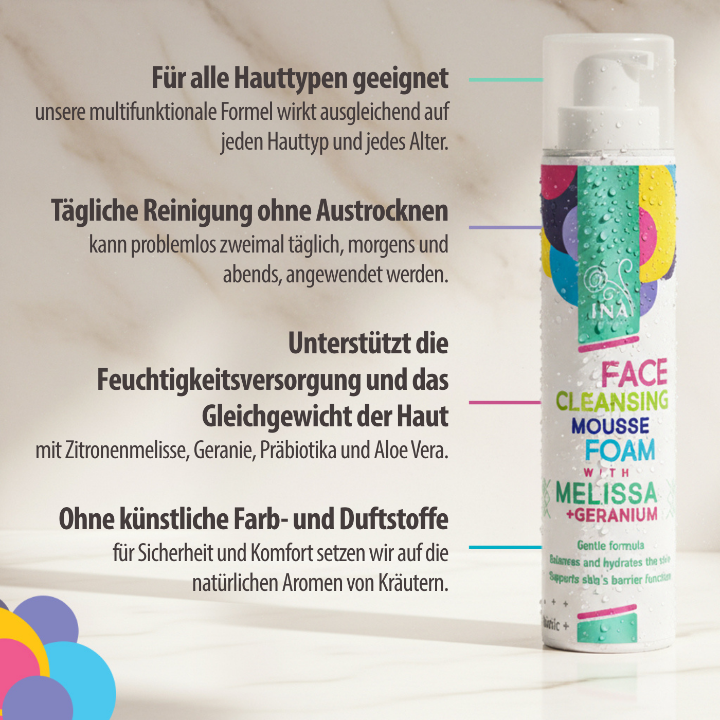 Natürlicher Reinigungsschaum für das Gesicht mit Zitronenmelisse und Geranie – für jeden Hauttyp