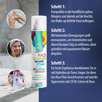 SPEZIELLER ZUGANG Natürlicher Reinigungsschaum für das Gesicht mit Zitronenmelisse und Geranie – für jeden Hauttyp