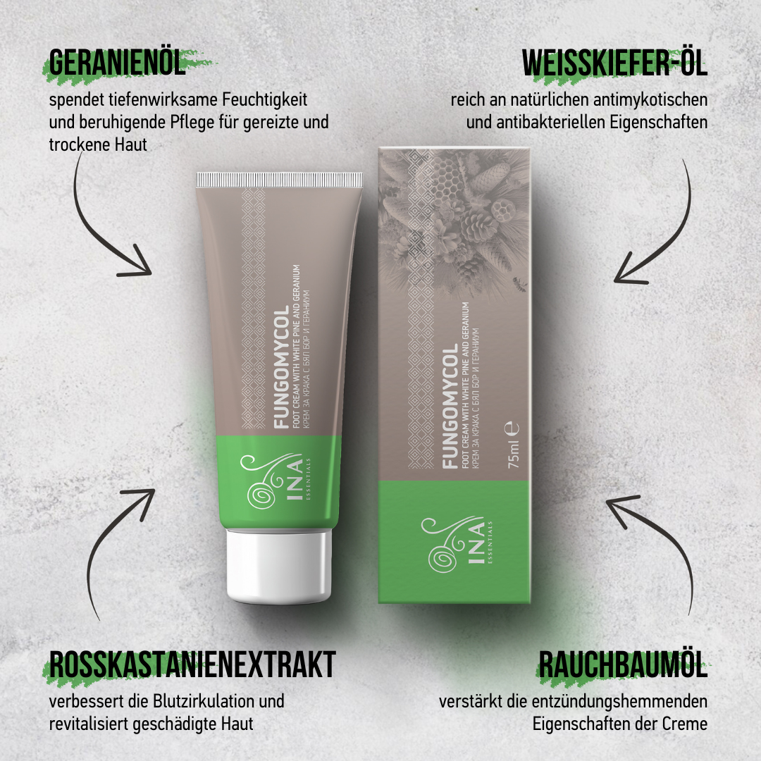 Kaufen Sie 2 Cremes gegen Nagelpilz oder trockene und rissige Haut und erhalten Sie 1 Bio-Weißkiefernwasser gratis.