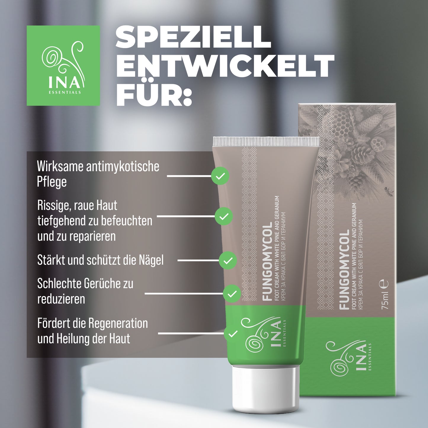 Kaufen Sie 2 Cremes gegen Nagelpilz oder trockene und rissige Haut und erhalten Sie 1 Bio-Weißkiefernwasser gratis.