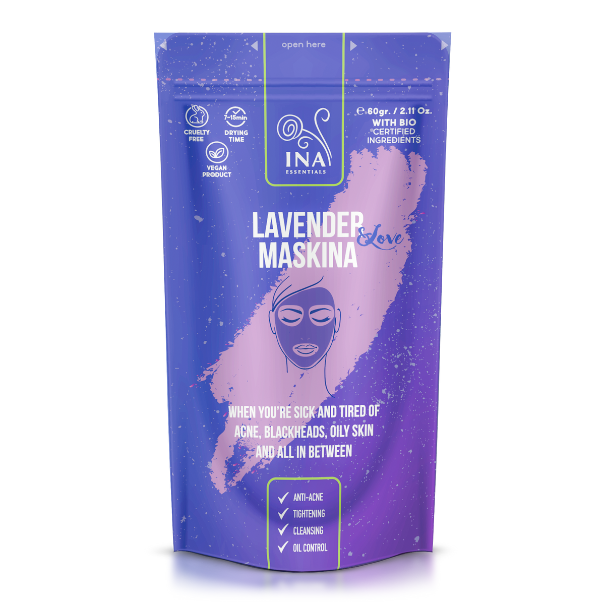 Lavendel Maskina - für FETTIGE und ZU AKNE NEIGENDER Haut (60g)